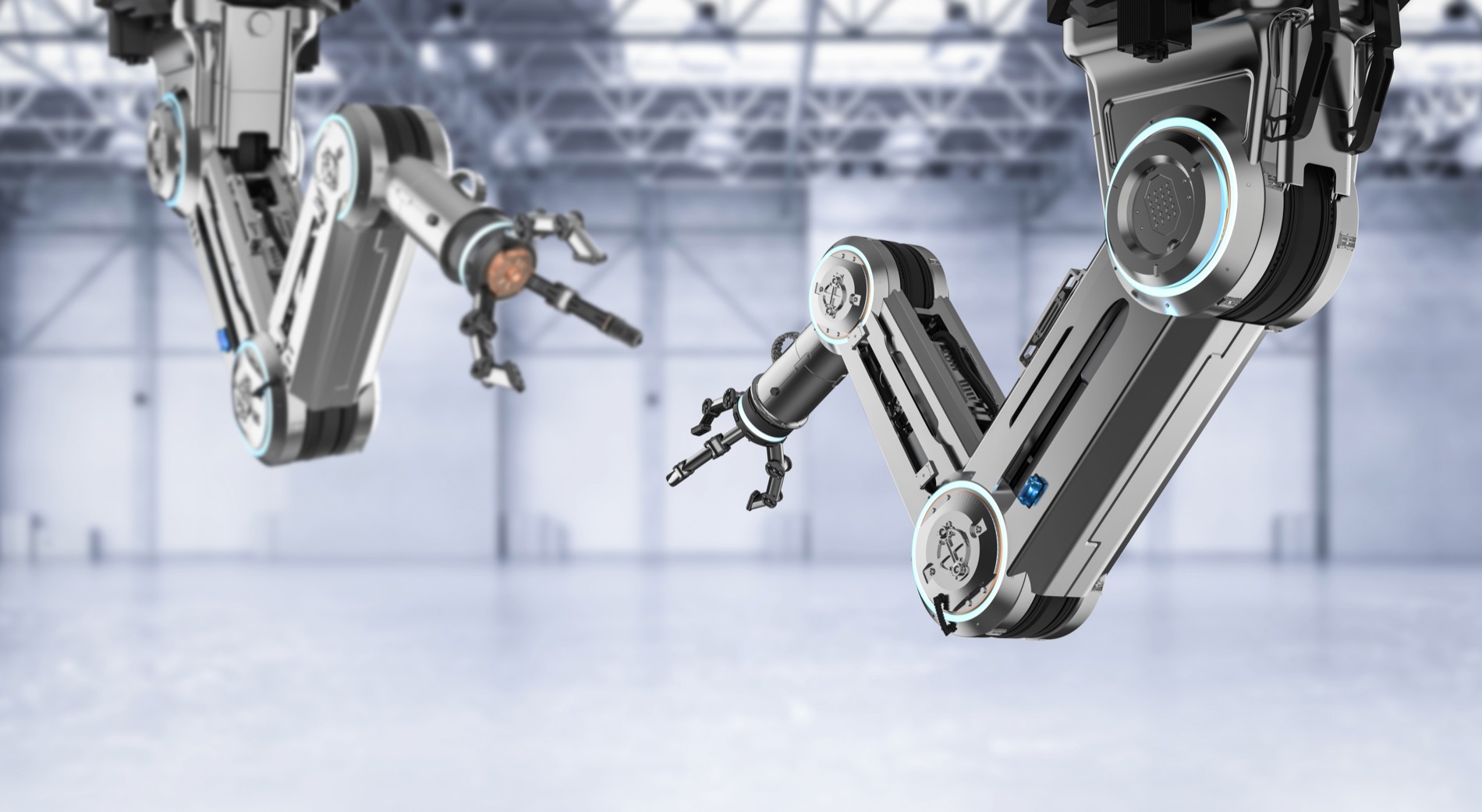 クリーンな工場内の2台のロボットアーム